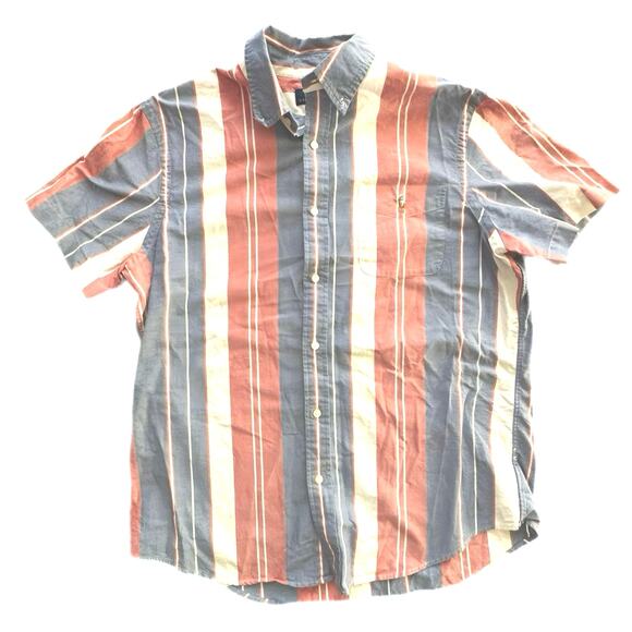 POLO RALPH LAUREN x Classic Fit Red Blue Stripe Short Sleeve Shirt Cotton SIZE L